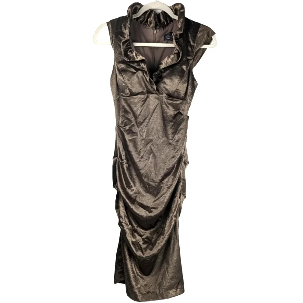 Xscape By Joanna Chen Ruffle Metallic Bronze Bodycon Formal Dress Size 4 - Picture 3 of 12